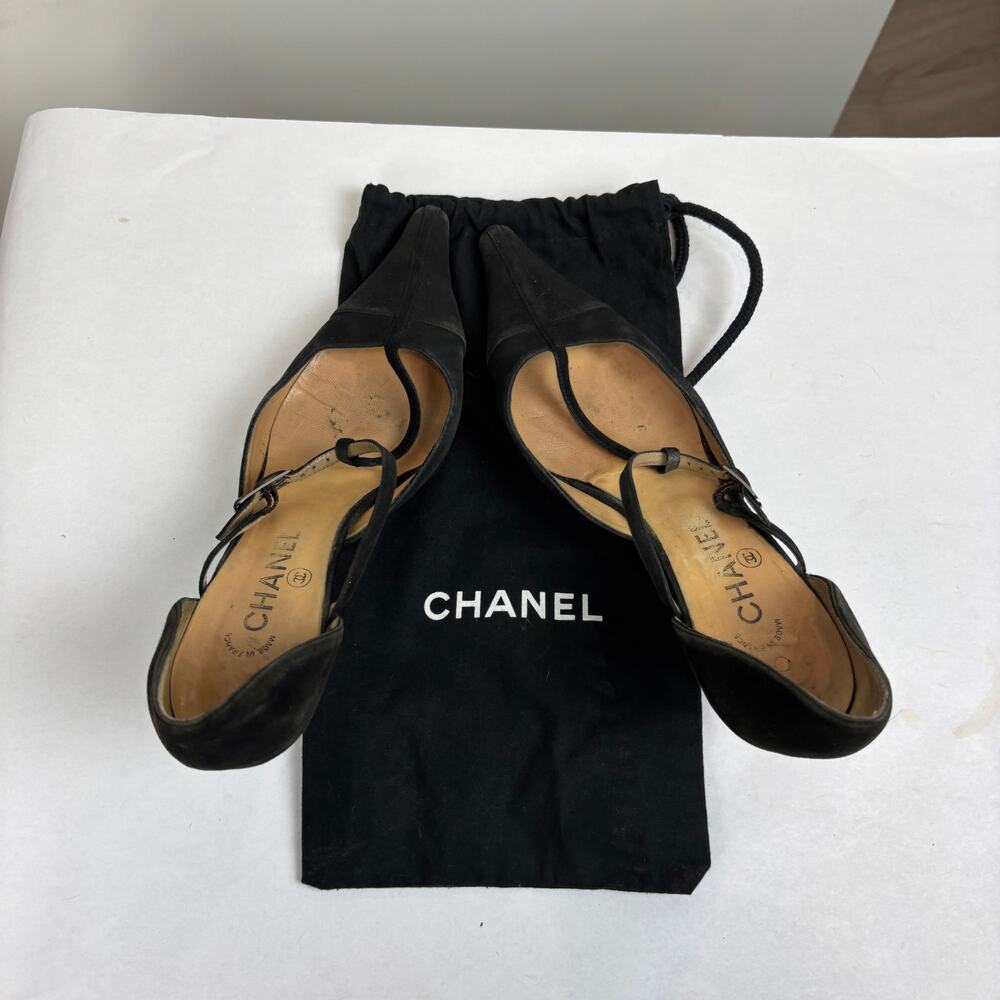 Vintage Chanel Suede Strappy Pointed Toe Kitten Heels Women's 39 - Picture 11 of 14